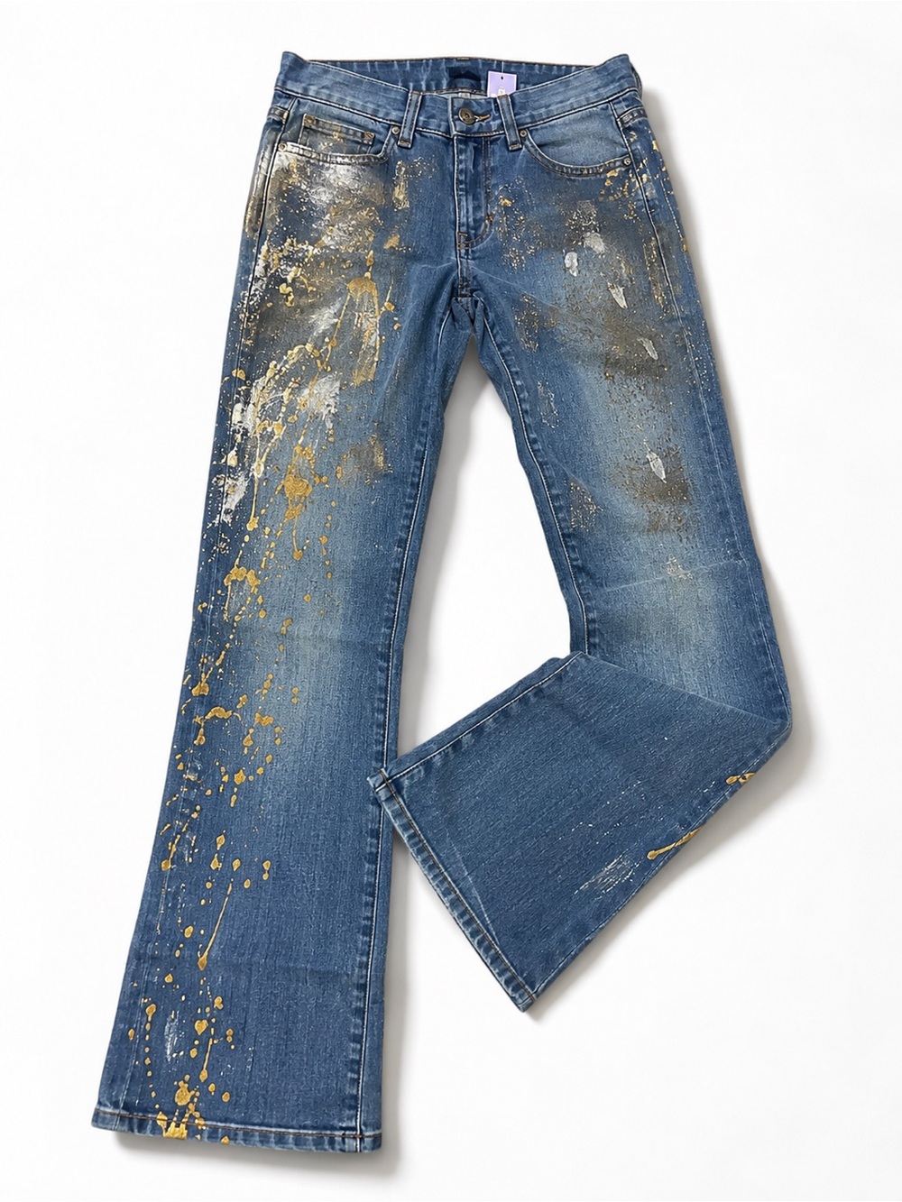 Ralph Lauren Black Label Women's Blue Boot Cut Jeans with Gold Paint Splatter